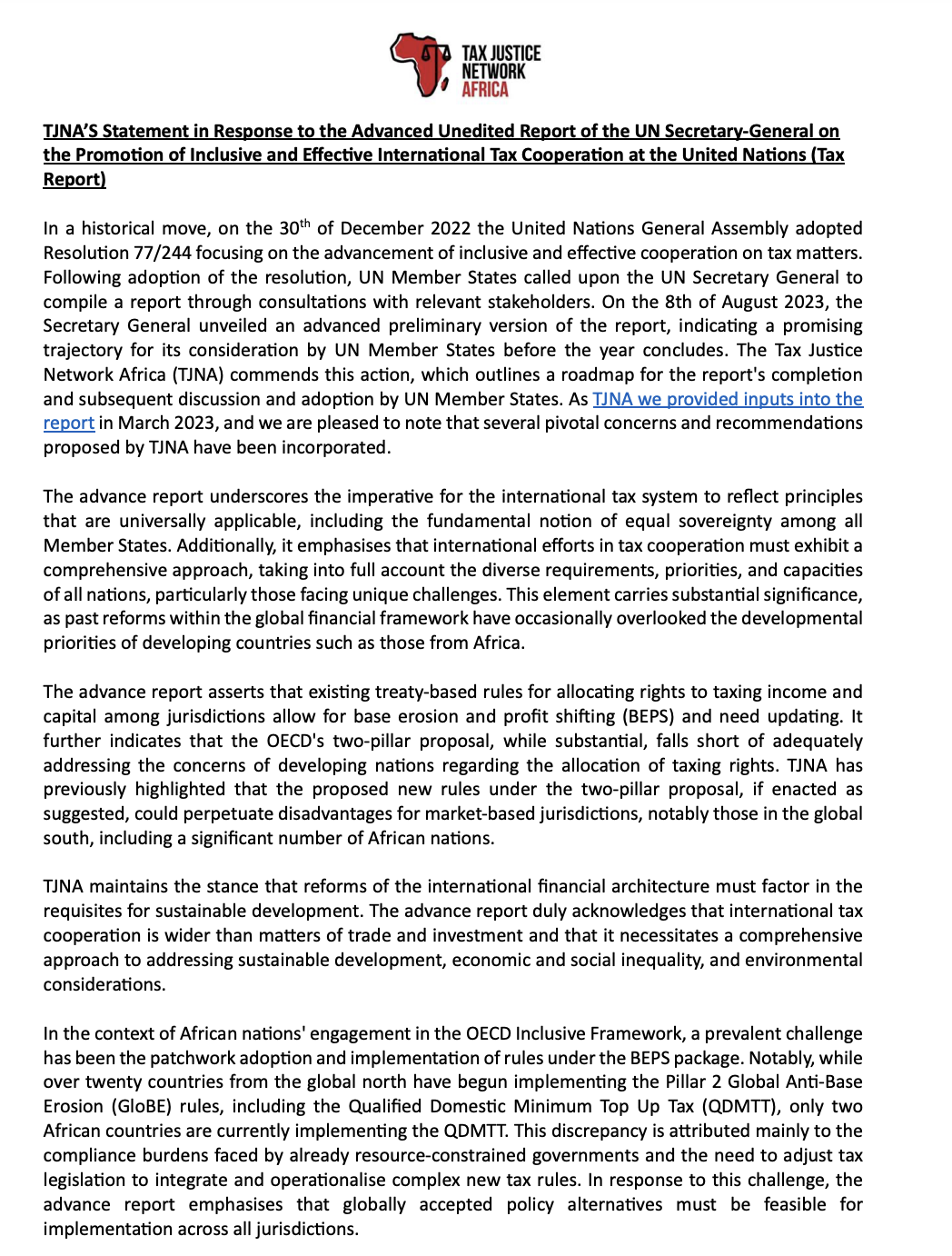 TJNA’S Statement in Response to the Advanced Unedited Report of the UN Secretary-General on the Promotion of Inclusive and Effective International Tax Cooperation at the United Nations