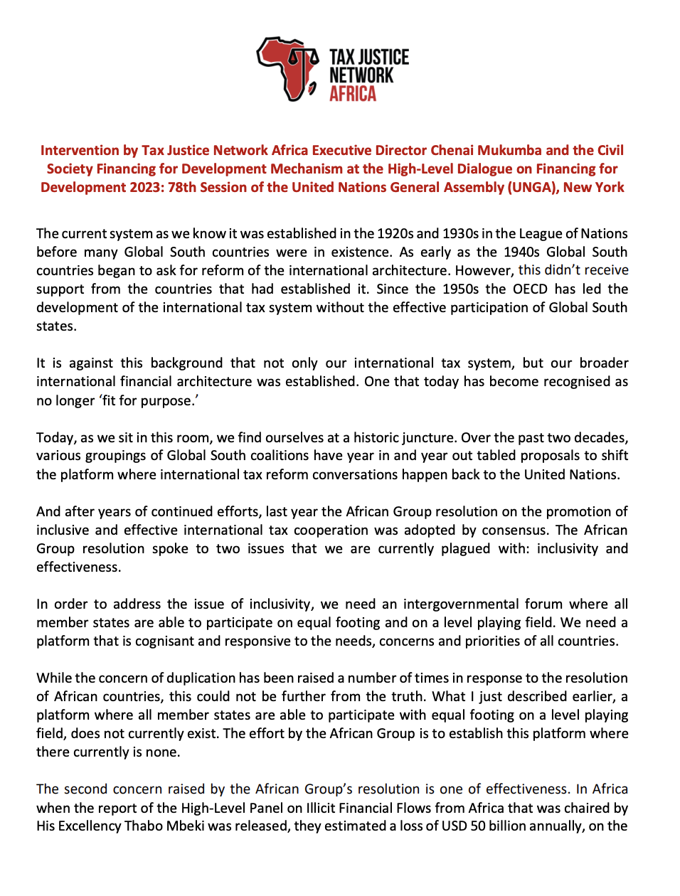 Intervention by Tax Justice Network Africa Executive Director Chenai Mukumba and the Civil Society Financing for Development Mechanism at the High-Level Dialogue on Financing for Development 2023: 78th Session of the United Nations General Assembly (UNGA)