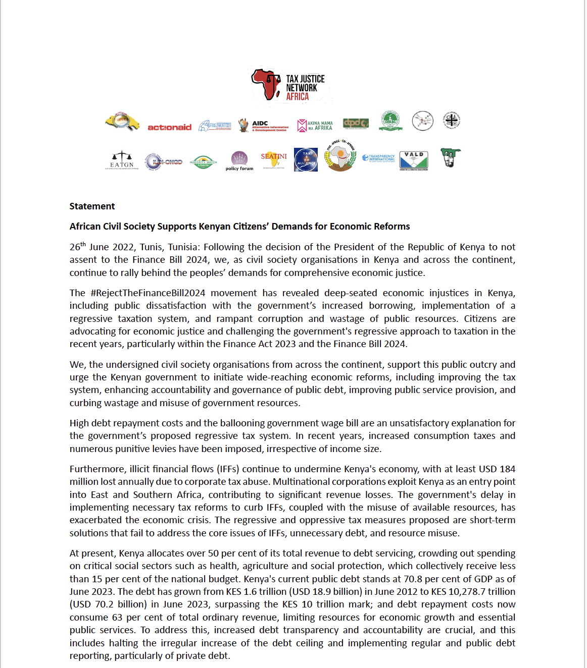 Statement: African Civil Society Supports Kenyan Citizens’ Demands for Economic Reforms