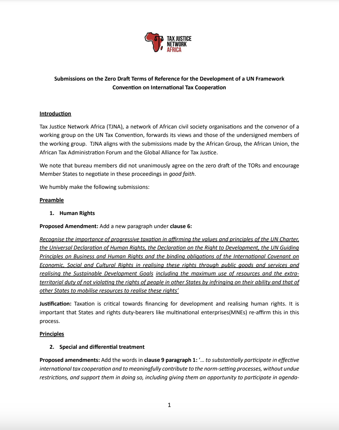 Submissions on the Zero Draft Terms of Reference for the Development of a UN Framework Convention on International Tax Cooperation